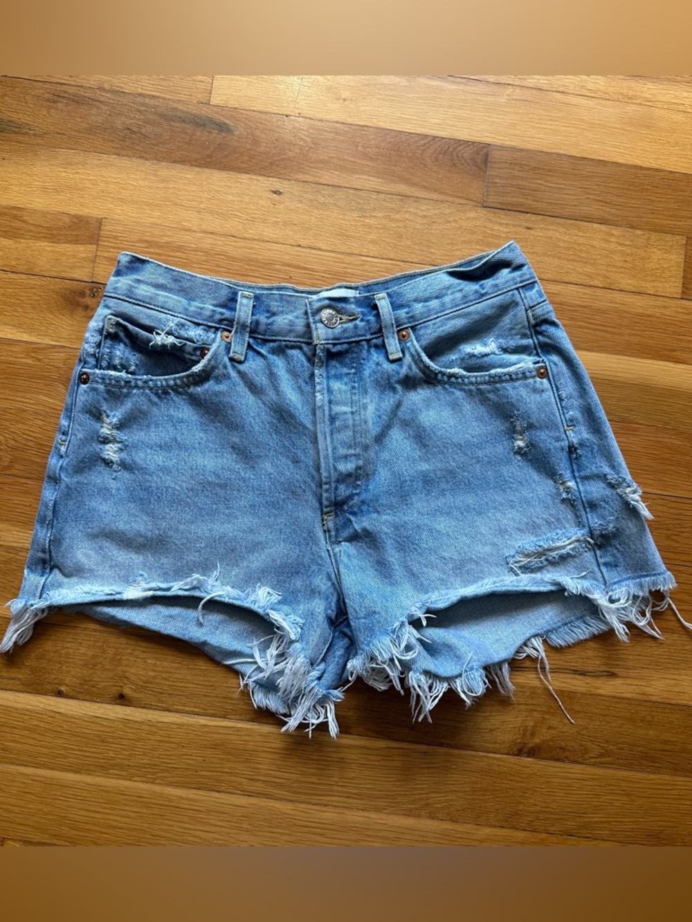 Agolde‎ Light Blue Distressed High-Rise Denim Shorts